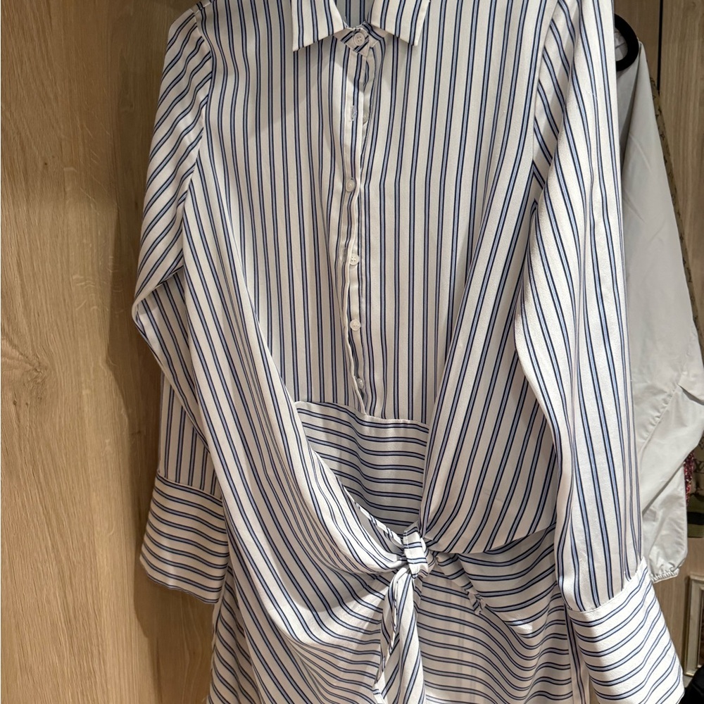 Aqua White and Blue Striped Tie-Front Mini Dress